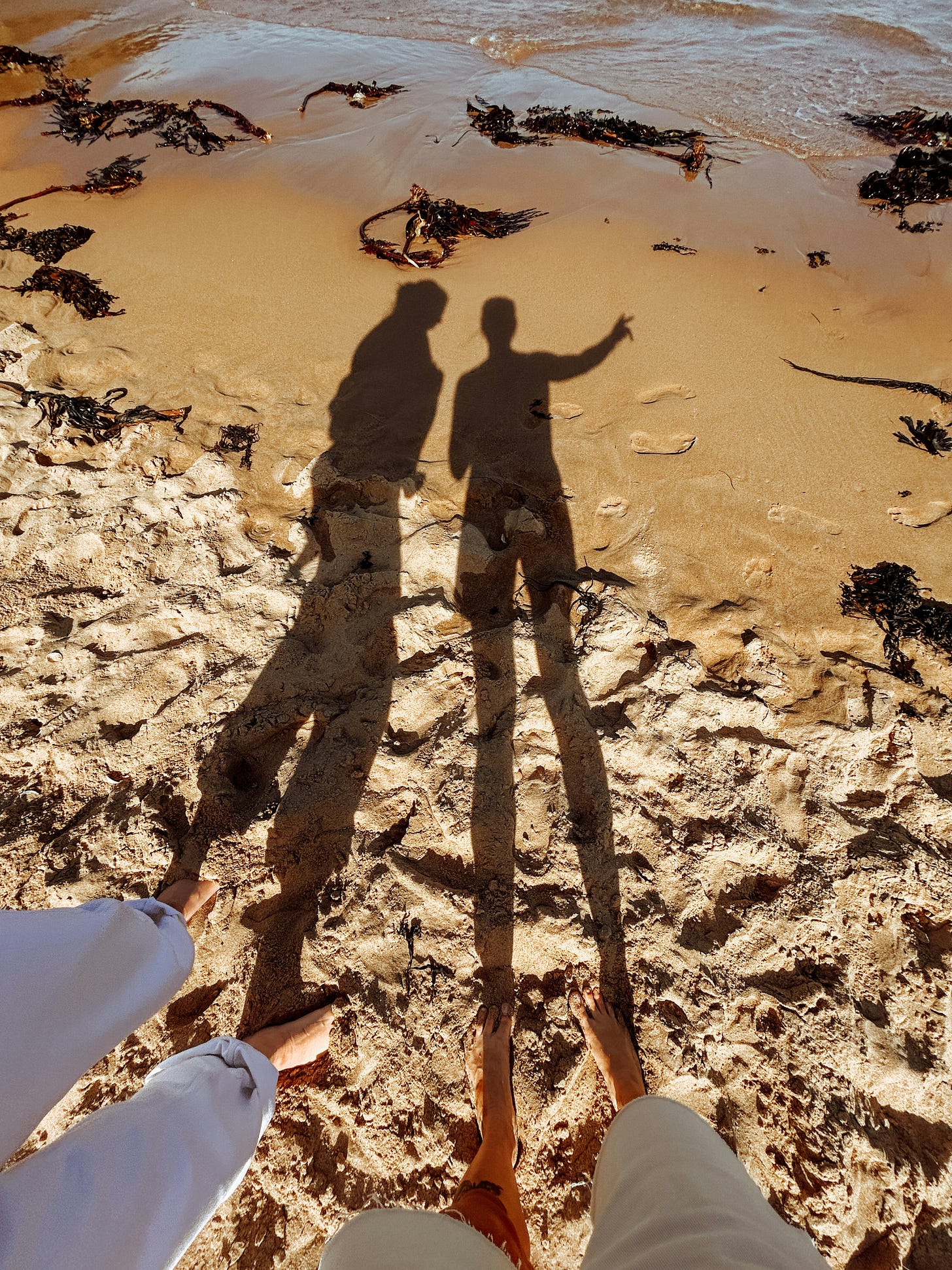 Two people standing on sand just where the tide is meeting the sand. We see two shadows of these two people projected on the sand and their feet planted on the soft sand. There's algae spread around the sand.