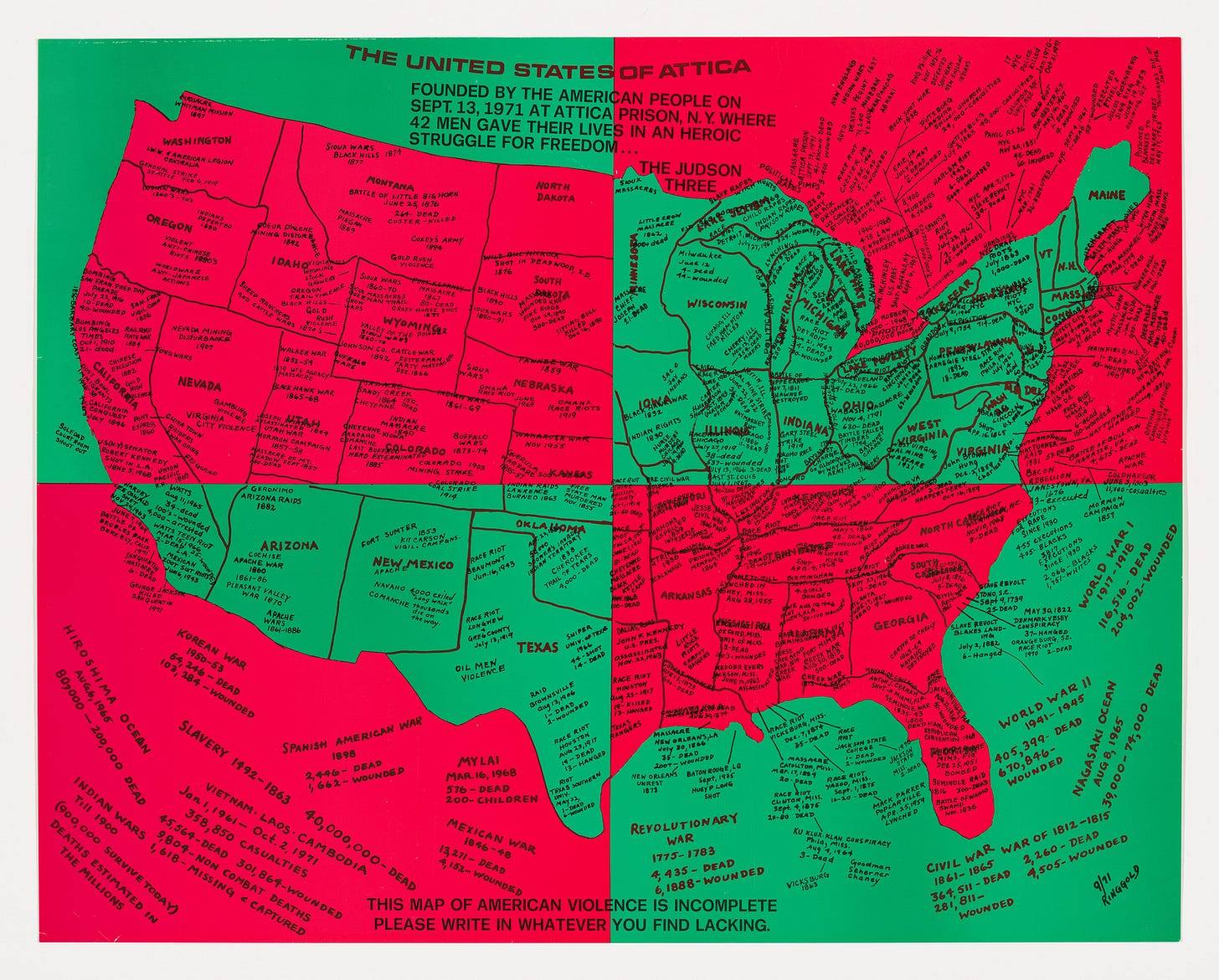 A map of the United States labeled with historical events of violence and wars; text invites viewers to add more.