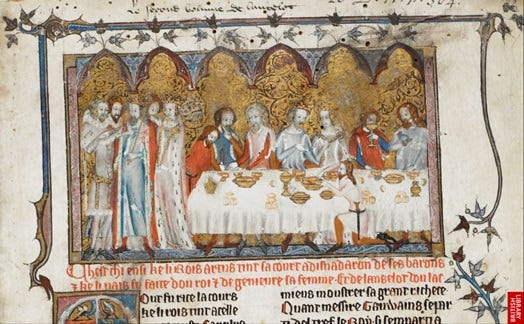 Manuscript images from Sir Gawain and the Green Knight. Depicting feasting at Camelot and the Green Knight with a severed head.