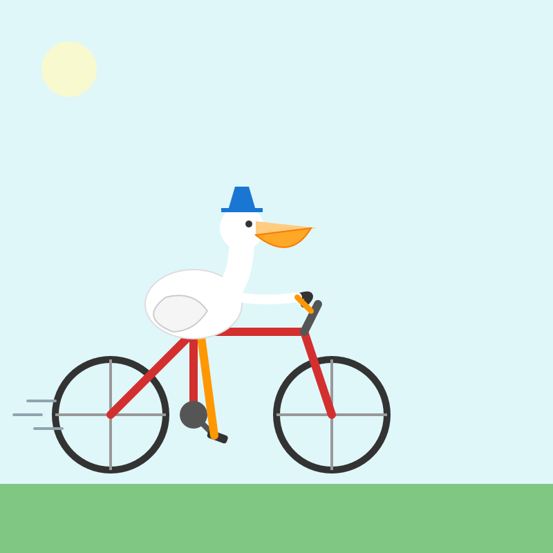 The pelican is wearing a blue hat. It has a good beak. The bicycle is a little bit incorrect but generally a good effort.