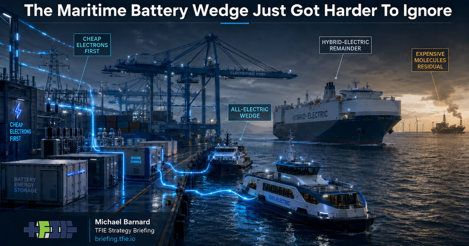 Electrified port graphic showing all-electric near-shore vessels and a hybrid-electric deep-sea ship.