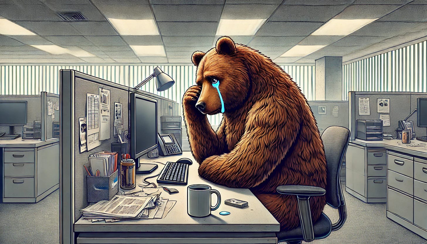 A detailed and emotional illustration of a bear sitting at a desk in an office, looking sad and crying. The desk is cluttered with office supplies like a computer, papers, and coffee mug. The bear has a slouched posture, and the office environment is dull with fluorescent lighting. The scene conveys a sense of melancholy and longing. The bear is anthropomorphized but retains realistic bear features. Background includes gray cubicle walls and a window showing a cloudy sky.