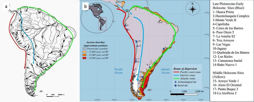 Potential routes of early human dispersion in South America during the Late Pleistocene. (a) Colonization model proposed by Miotti (2006). (b) Archaeological sites near the modern Atlantic coastline mentioned in the introduction, with reconstructed shorelines for the Last Glacial Maximum and later periods. Figure b by Laura Lamuedra González.