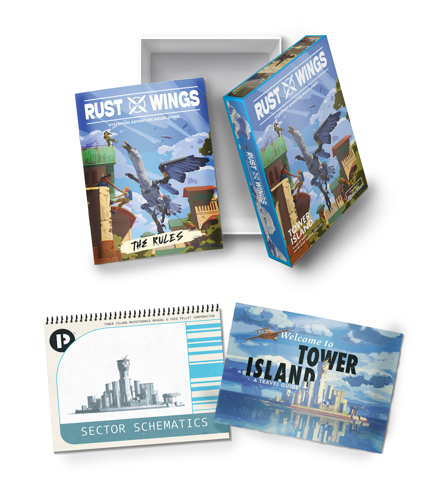 Rust Wings starter box open to reveal rulebook, map, and setting book.