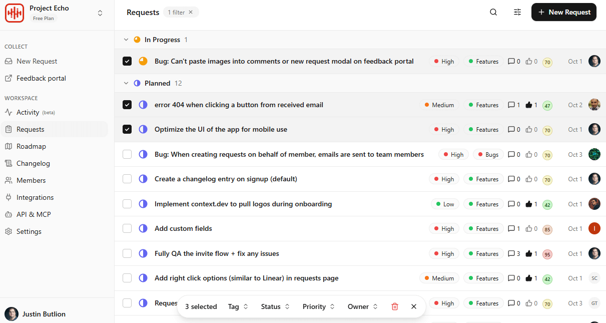 Project Echo requests workspace showing feedback and feature requests