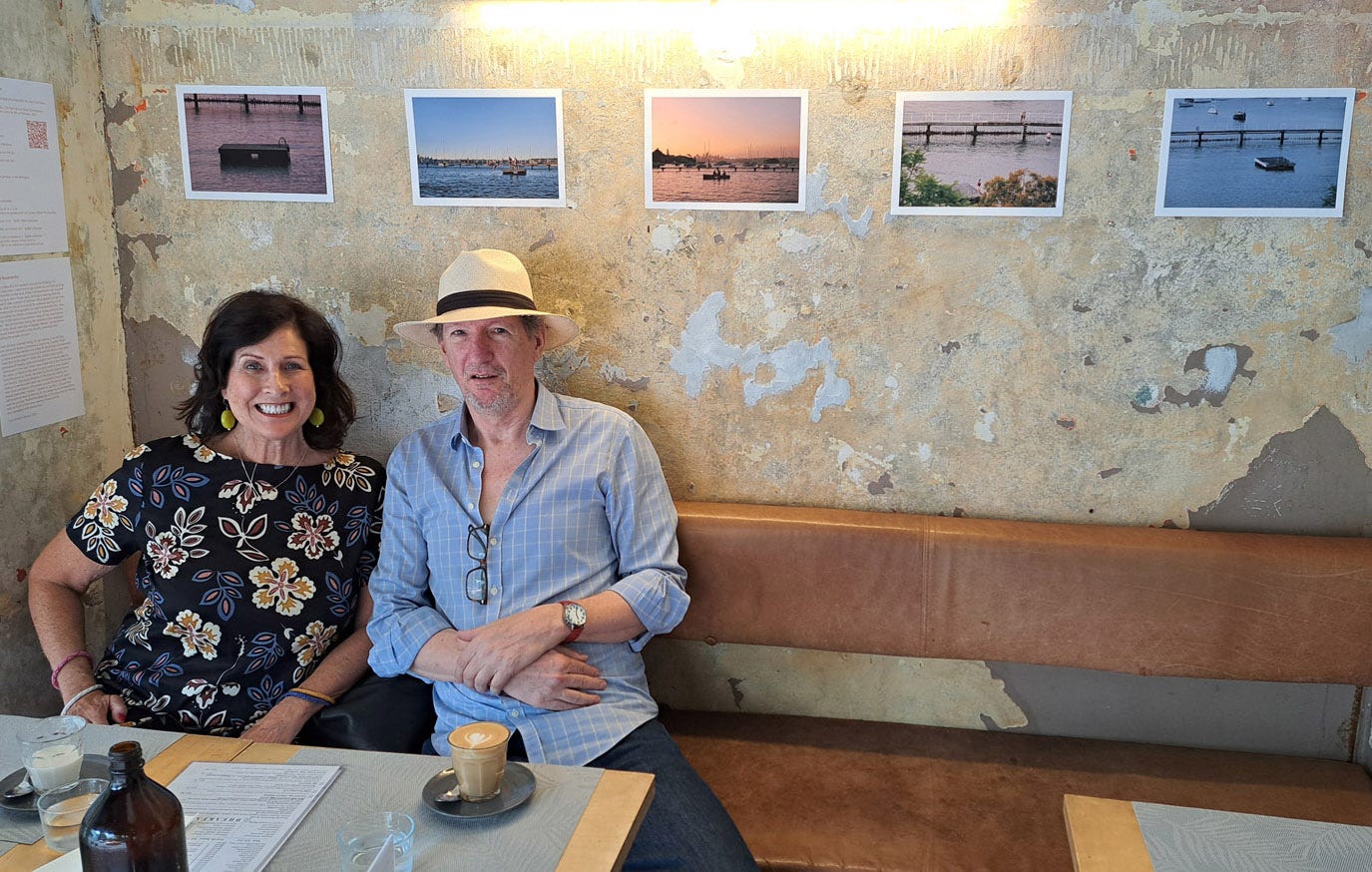 Deb, and Kent (looking a little stunned) with pictures from Redleaf Boulevardier at Coral Cafe, Darlinghurst, Sydney