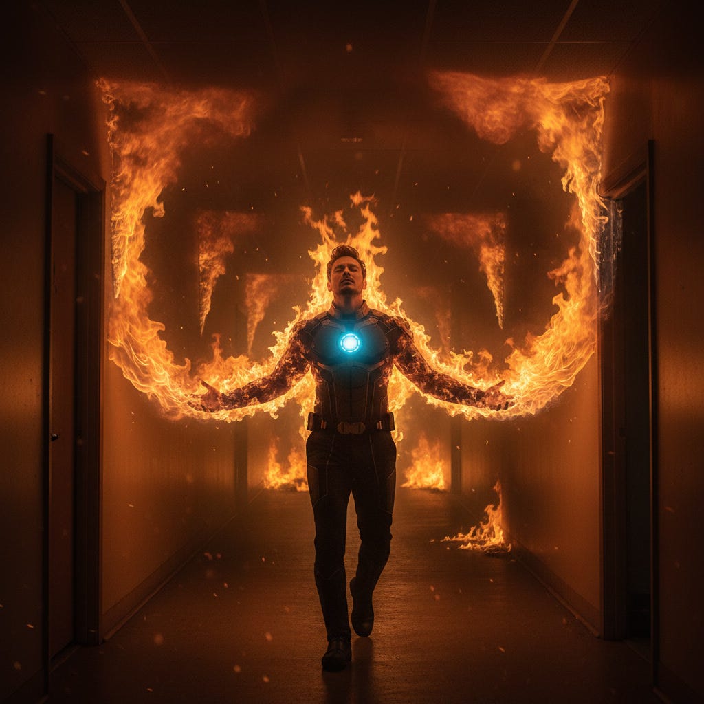 Armored superhero in navy blue suit with glowing blue chest diode, walking down burning apartment hallway, arms stretched wide, eyes closed in intense concentration, flames from walls and ceiling curving and streaming into his outstretched hands and body, walls darkening behind him where fire has been absorbed, smoke filled corridor, cinematic dramatic lighting, photorealistic, wide shot