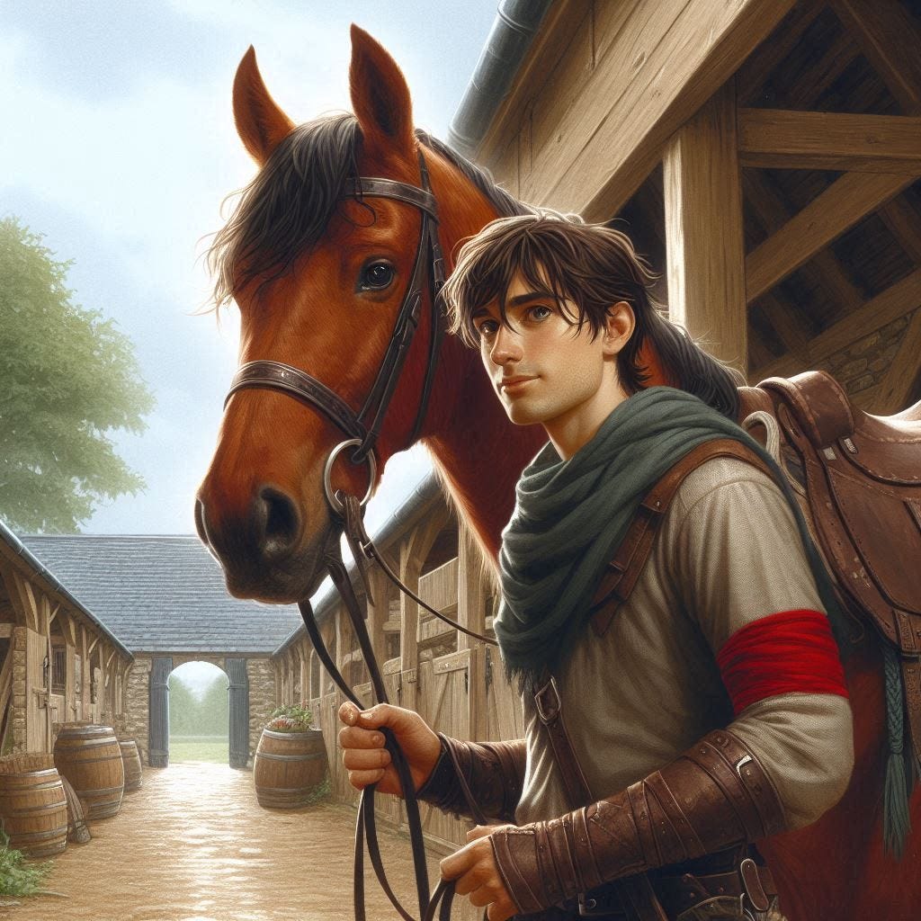 young boy, horse in background, stables, 20-year old english adventurer with brown hair, with a red armband on arm, dungeons and dragons fantasy drawing picture