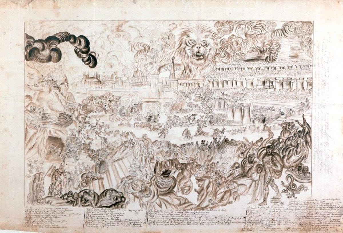 A drawing of an apocalyptic scene in London. Smoke billows from the tops of buildings, a lion stands above huge masses of fleeing people