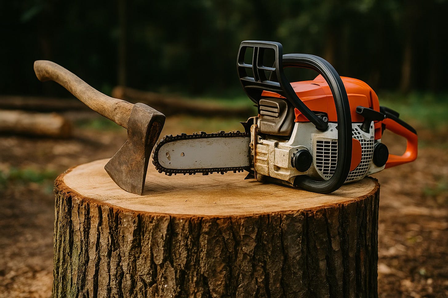A weathered axe and a modern chainsaw resting side by side on a freshly cut tree stump in a woodland setting