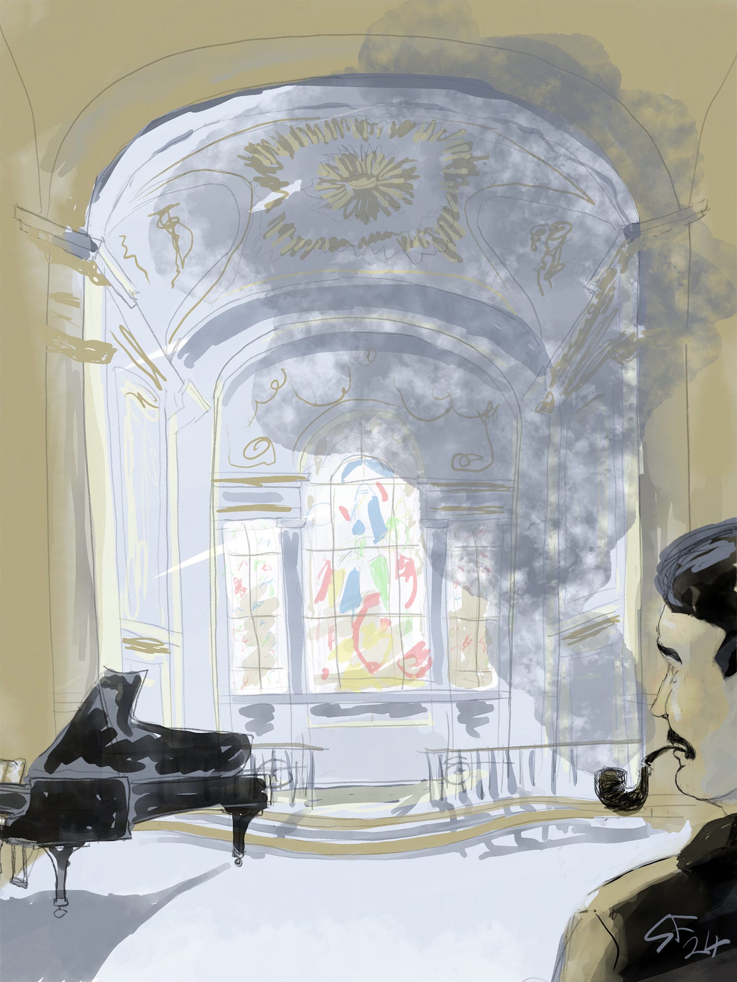 Pencil and wash sketch: interior of St Martin in the Fields church, London, facing the altar. On the left a grand piano, in the right foreground a man's head seen from behind. The man is smoking a pipe and a dense cloud of smoke is rising.