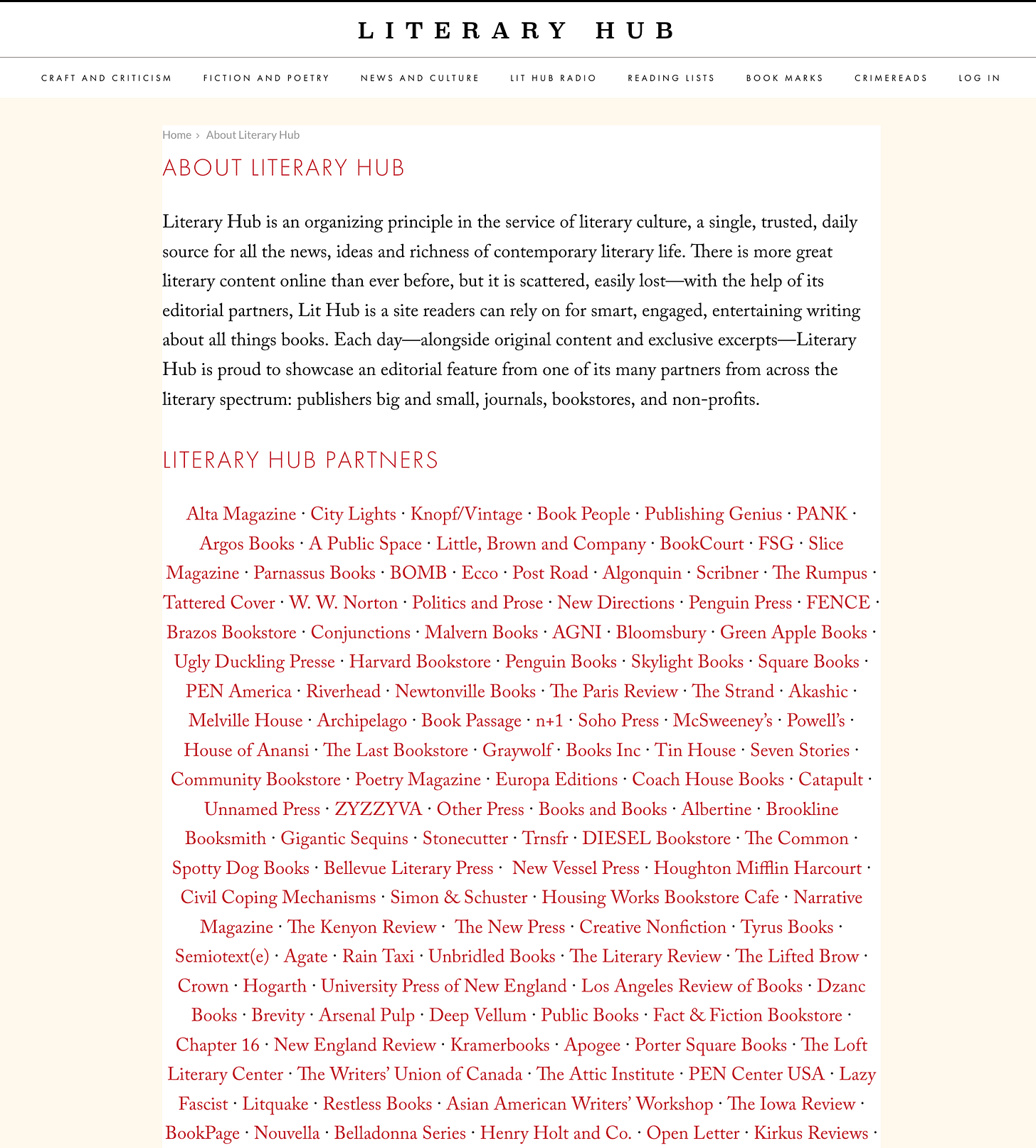 Screenshot from Literary Hub's About page, including its self-description and a partial list of "Literary Hub Partners"