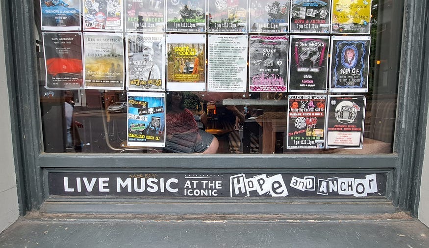 The window of the Hope And Anchor pub in Upper Street Islington North London