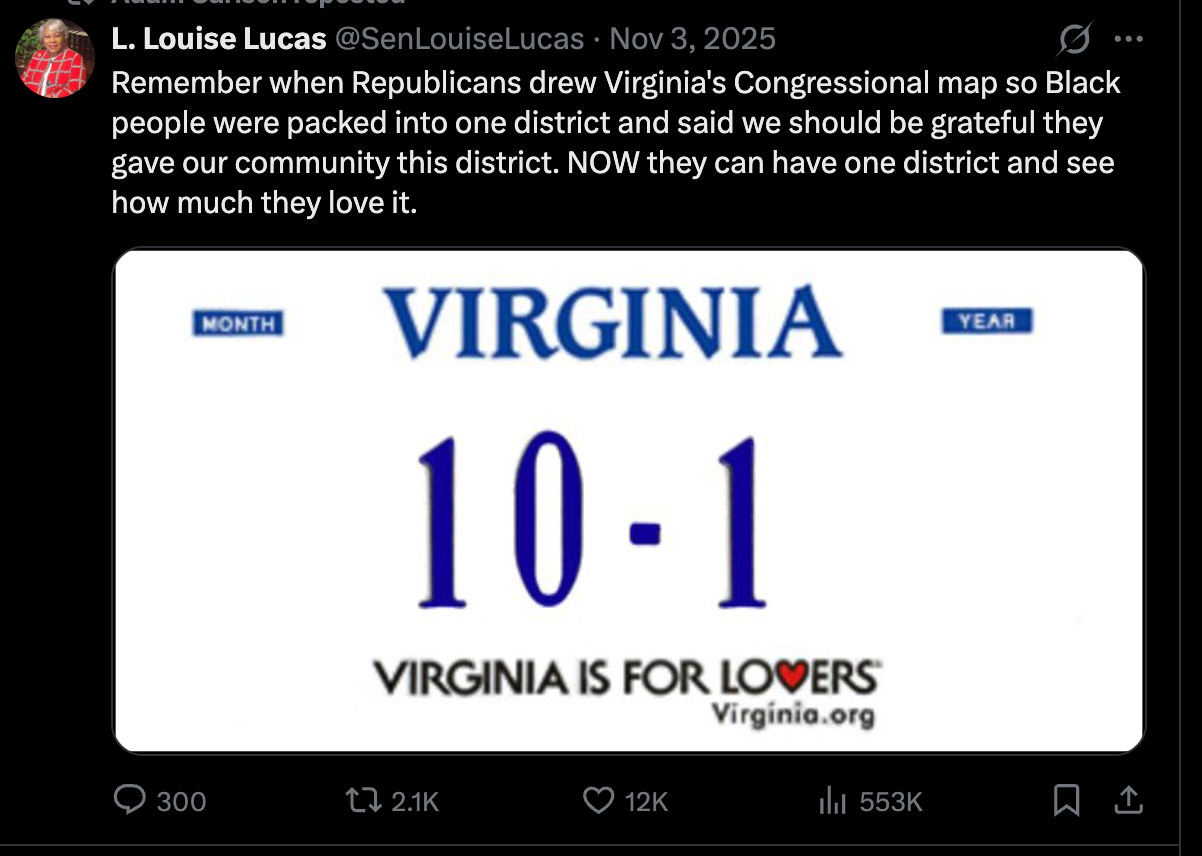 Lucas November 3, 2025: Remember when Republicans drew Virginia's Congressional map so Black people were packed into one district and said we should be grateful they gave our community this district. NOW they can have one district and see how much they love it.