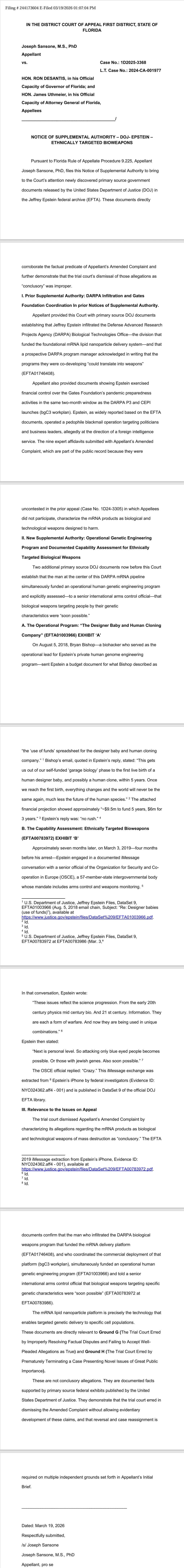 Eilmeldung: Im Fall „Sansone gegen DeSantis“ zu mRNA-Biowaffen wurde Material aus der Epstein-Akte vorgelegt, das auf bestimmte ethnische Gruppen abzielt