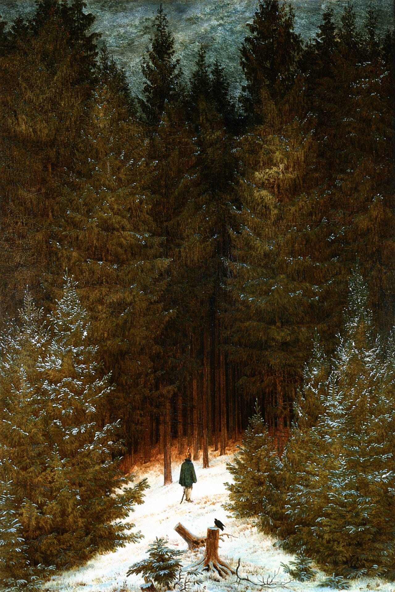 A soldier in a gold helmet seen from behind, facing a dark wall of snowy spruces, a raven on a stump