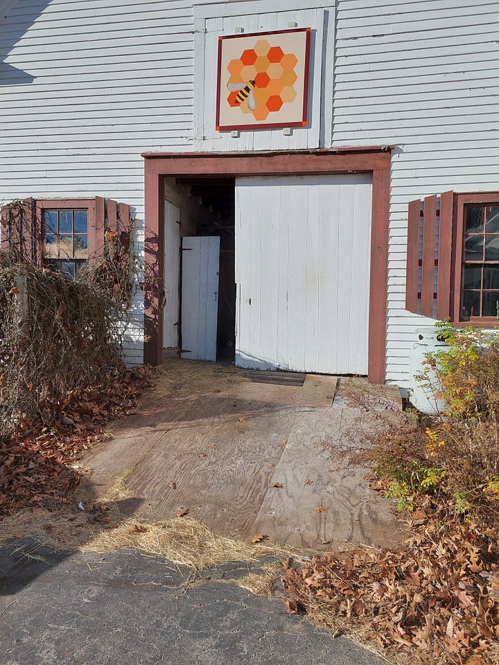 Before and after: a rotted wooden ramp at a barn entrance, then the same spot with the ramp removed, exposing bare dirt and debris.