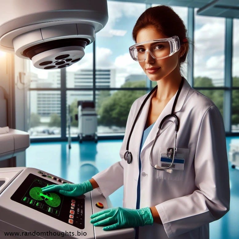 A feminine oncologist clad in a pristine white lab coat and sporting protective safety glasses stands before radiologic medical equipment. With a focused expression, she meticulously studies the findings on the screen, showcasing her deep concentration. The room resonates with the mechanical sounds and gentle beeping of monitors, setting a tone of unwavering dedication.