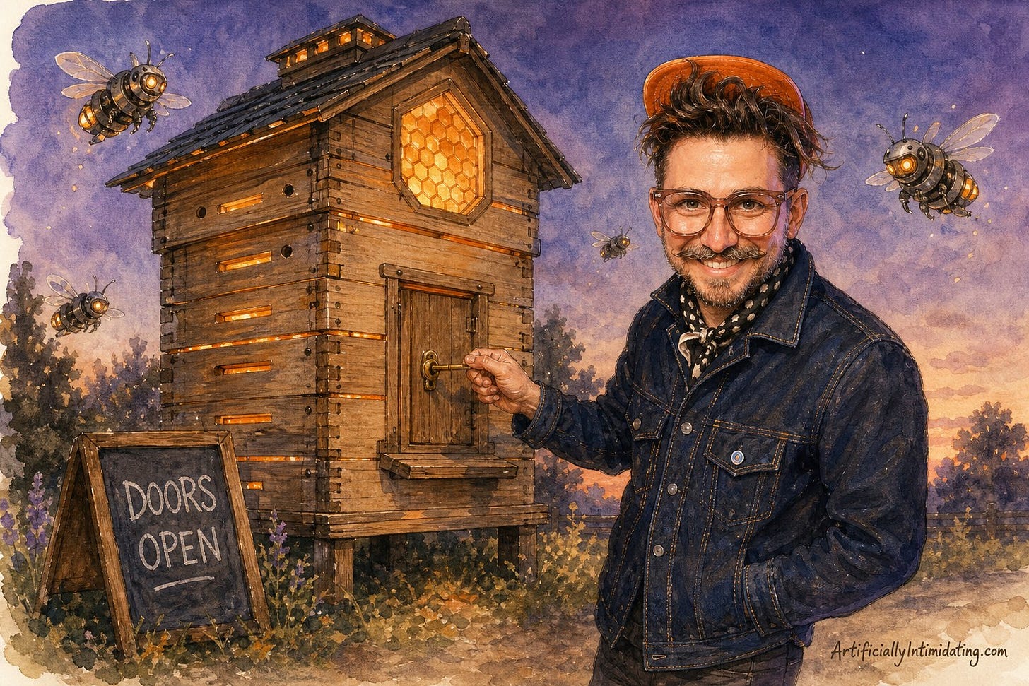 Watercolor illustration at dusk of the author turning a key in a large wooden beehive glowing with warm light from every seam, a chalkboard sandwich board beside it reading DOORS OPEN.