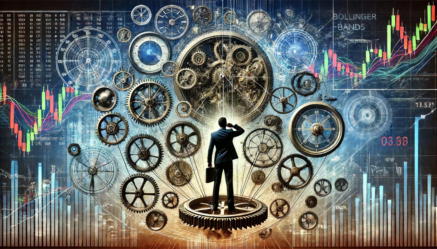 A metaphorical representation of someone tweaking and adjusting various financial factors. The person is surrounded by a complex web of gears, levers, and dials representing different market indicators like Bollinger Bands, volatility, and options trading. The gears and dials are interconnected, symbolizing the intricate balance required in hedged equity. The background features abstract charts and graphs blending into the scene, creating a sense of dynamic movement and analysis.