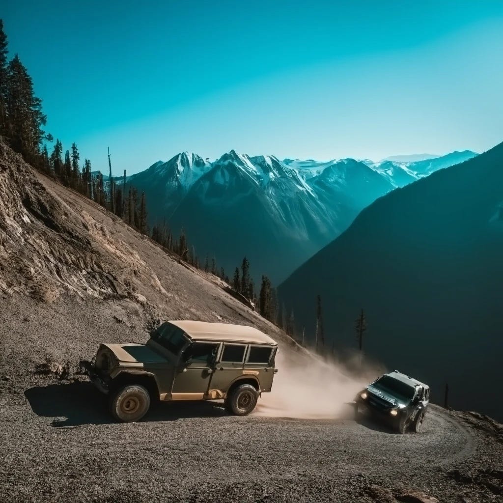 Men driving up mountain pass in two jeeps