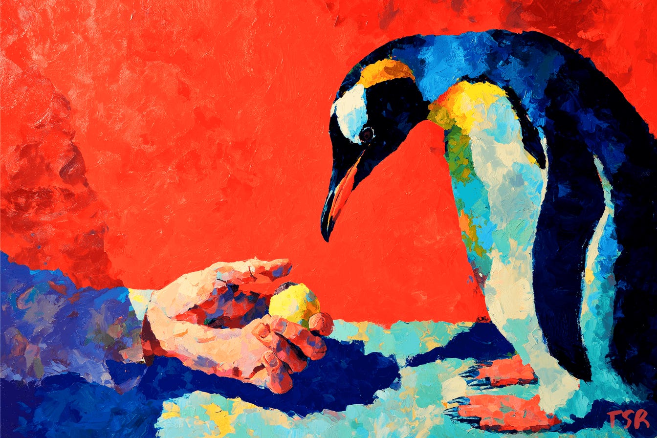 A close-up of a penguin looking down at a human hand pulling back with its egg.