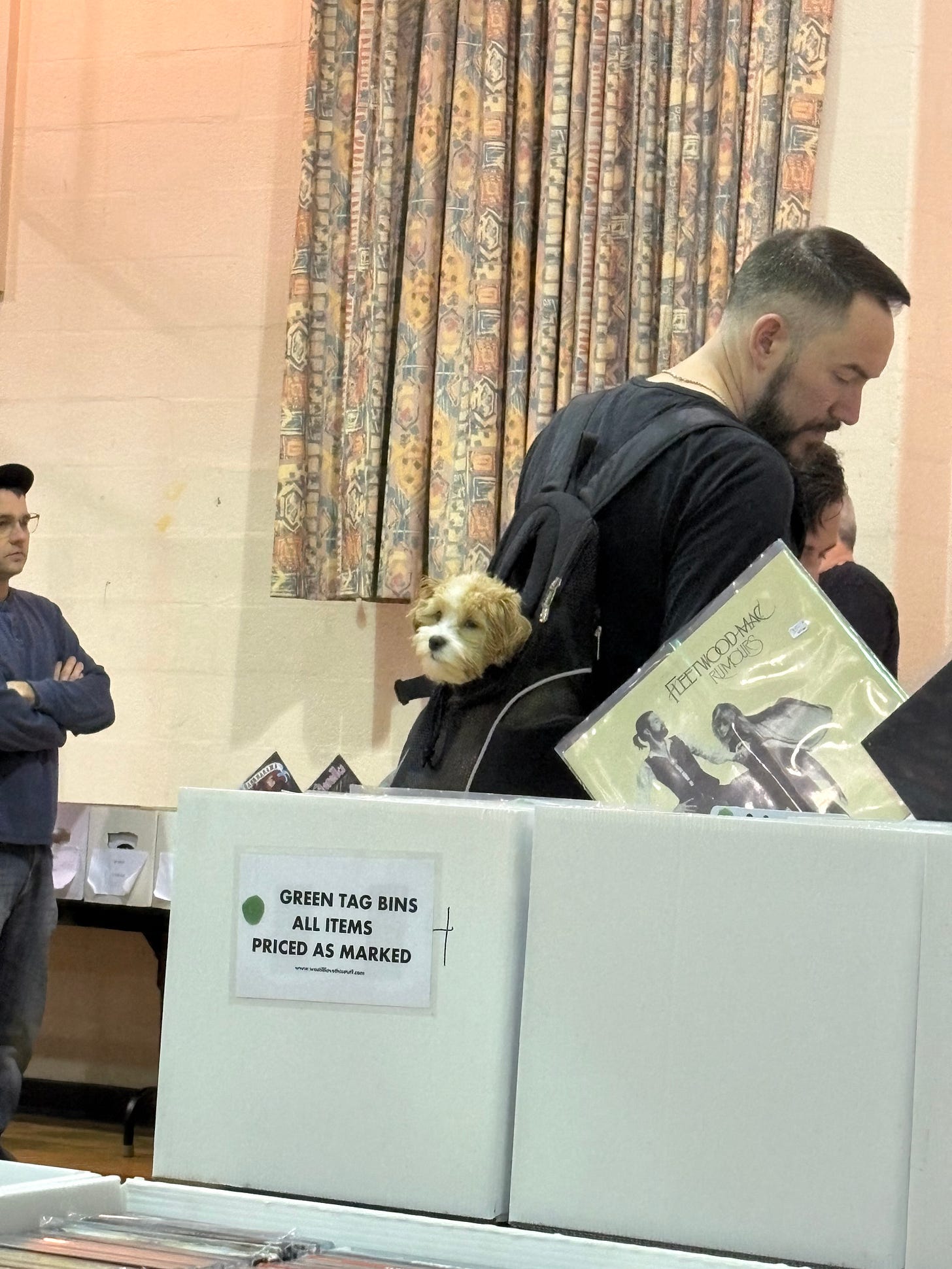 A small dog peers out of a shopper's backpack at the Broadview Heights (Ohio) Record Riot show, 3-15-2026