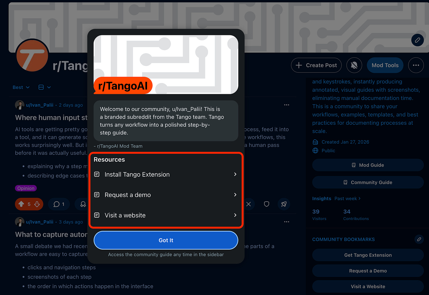 welcome popup in reddit community