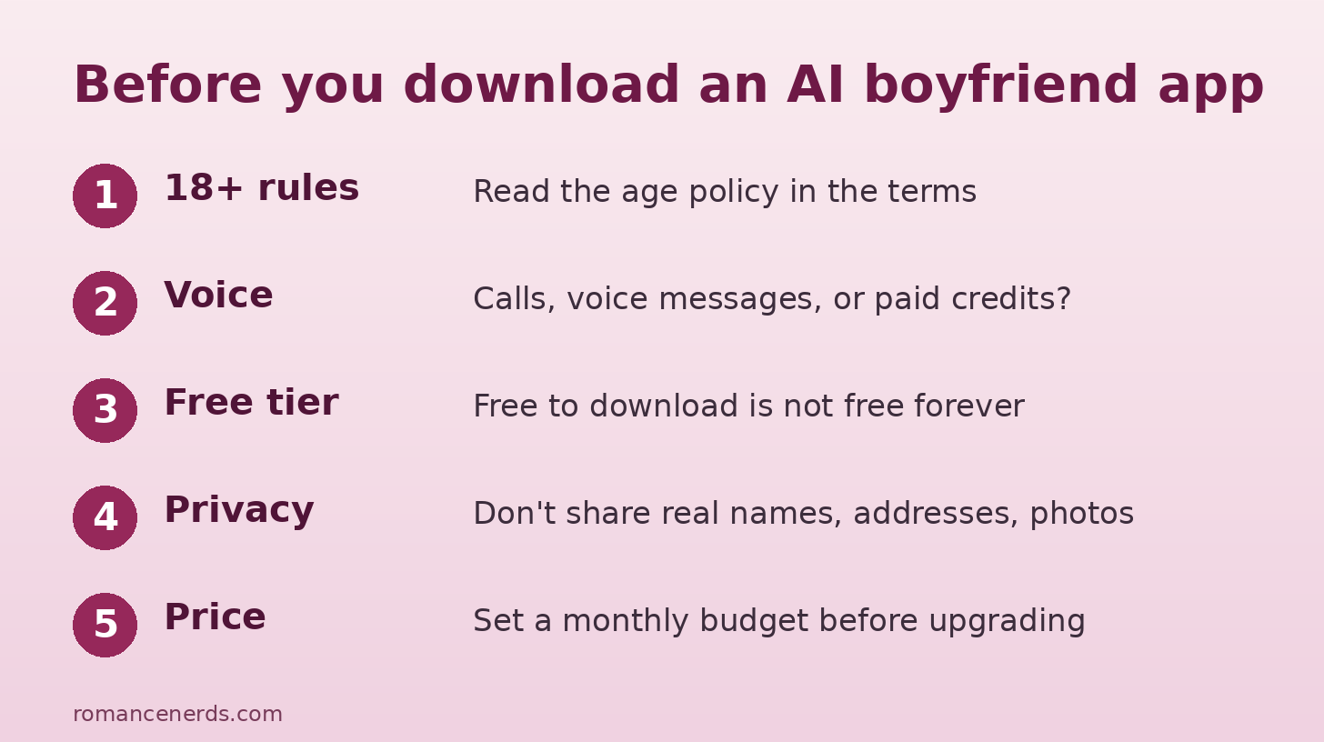 AI boyfriend app checklist for romance readers: 18+ rules, voice, free tier, privacy and price AI boyfriend app checklist for romance readers: 18+ rules, voice, free tier, privacy and price