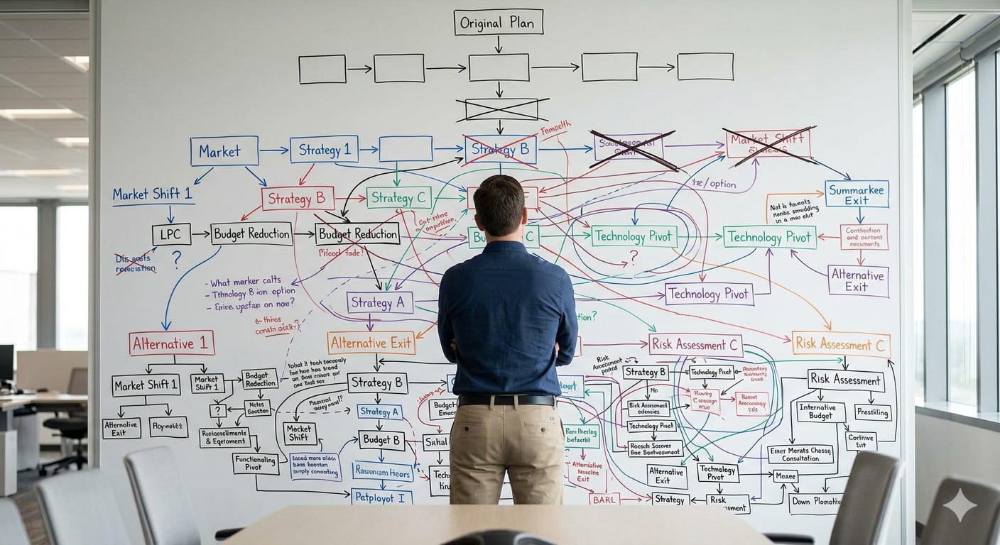 Office whiteboard showing business strategy that started simple (top) and became complex interconnected web (bottom) through layers of additions in different colored markers. Man stands staring at it, arms crossed. The commitment ratchet visualized—each addition made sense, accumulation became trap Office whiteboard showing business strategy that started simple (top) and became complex interconnected web (bottom) through layers of additions in different colored markers. Man stands staring at it, arms crossed. The commitment ratchet visualized—each addition made sense, accumulation became trap