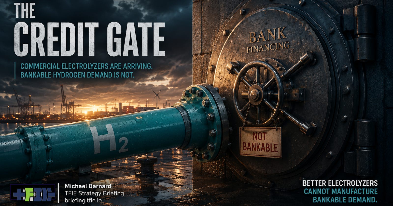 Industrial electrolyzer at a port beside a bank credit memo declining hydrogen expansion.