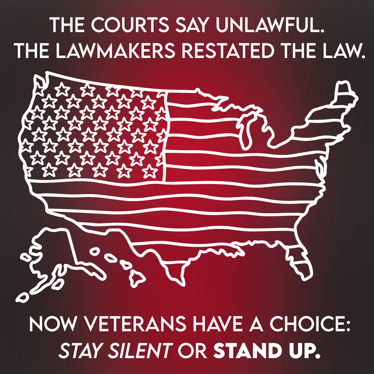 Graphic of a U.S. map drawn as an American flag on a dark red background with bold white text reading “The courts say unlawful. The lawmakers restated the law. Now veterans have a choice: stay silent or stand up,” used in a 50501 Movement article about veterans responding to FBI and Pentagon investigations of six lawmakers who told troops to refuse illegal orders. Graphic of a U.S. map drawn as an American flag on a dark red background with bold white text reading “The courts say unlawful. The lawmakers restated the law. Now veterans have a choice: stay silent or stand up,” used in a 50501 Movement article about veterans responding to FBI and Pentagon investigations of six lawmakers who told troops to refuse illegal orders.
