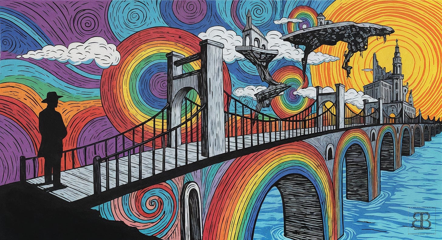 The image depicts a surreal, colorful scene with a man standing on a bridge, while various buildings and surreal elements, such as a cloud with a face and a flying object, float in the sky. The background features vibrant colors and swirling patterns.