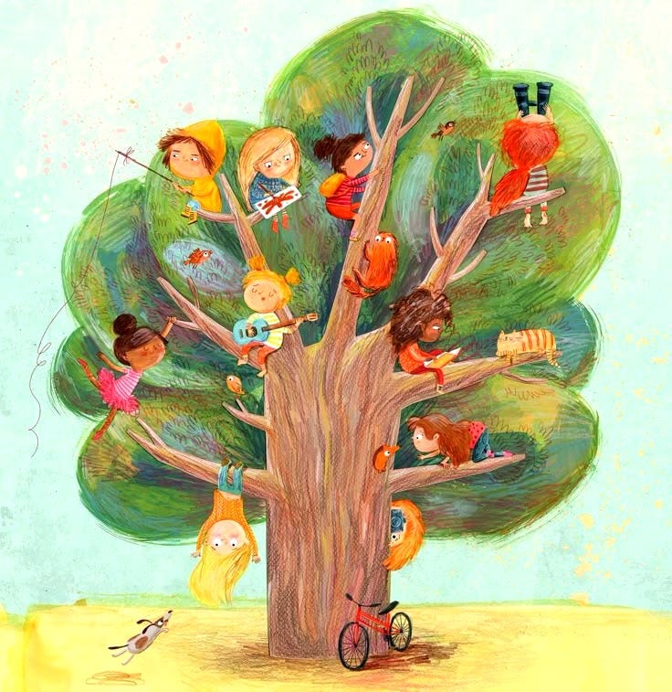 This may contain: children are playing in the tree while another child is riding a tricycle on it