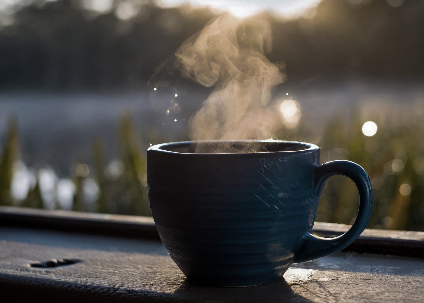 slightly mysterious blue pottery mug of coffee with sparkles of light rising in steam