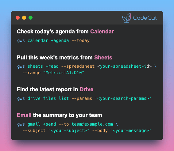 Code example: gws: One CLI for Drive, Gmail, Calendar, and Sheets Code example: gws: One CLI for Drive, Gmail, Calendar, and Sheets