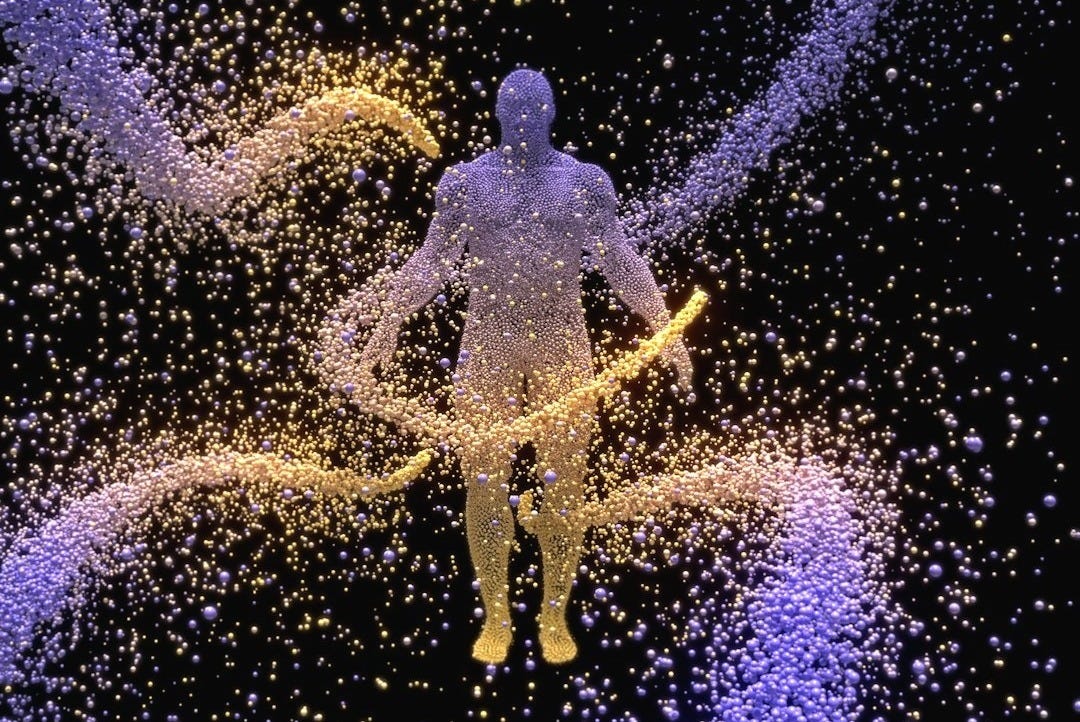 Translucent human figure surrounded by swirling purple and yellow particles.