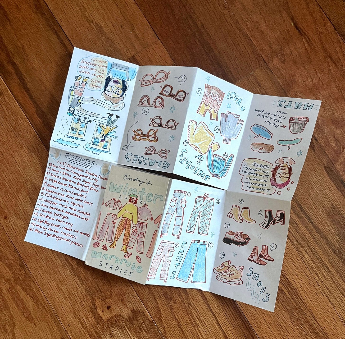 A folded out 8-page mini-zine featuring winter wardrobe staples including glasses, sweaters, vests, and hats. A folded out 8-page mini-zine featuring winter wardrobe staples including glasses, sweaters, vests, and hats.