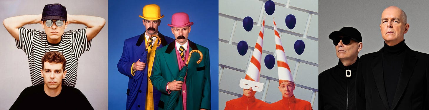Four photos of Pet Shop Boys showcasing the evolution of their look from the years 1986–2004. Four photos of Pet Shop Boys showcasing the evolution of their look from the years 1986–2004.