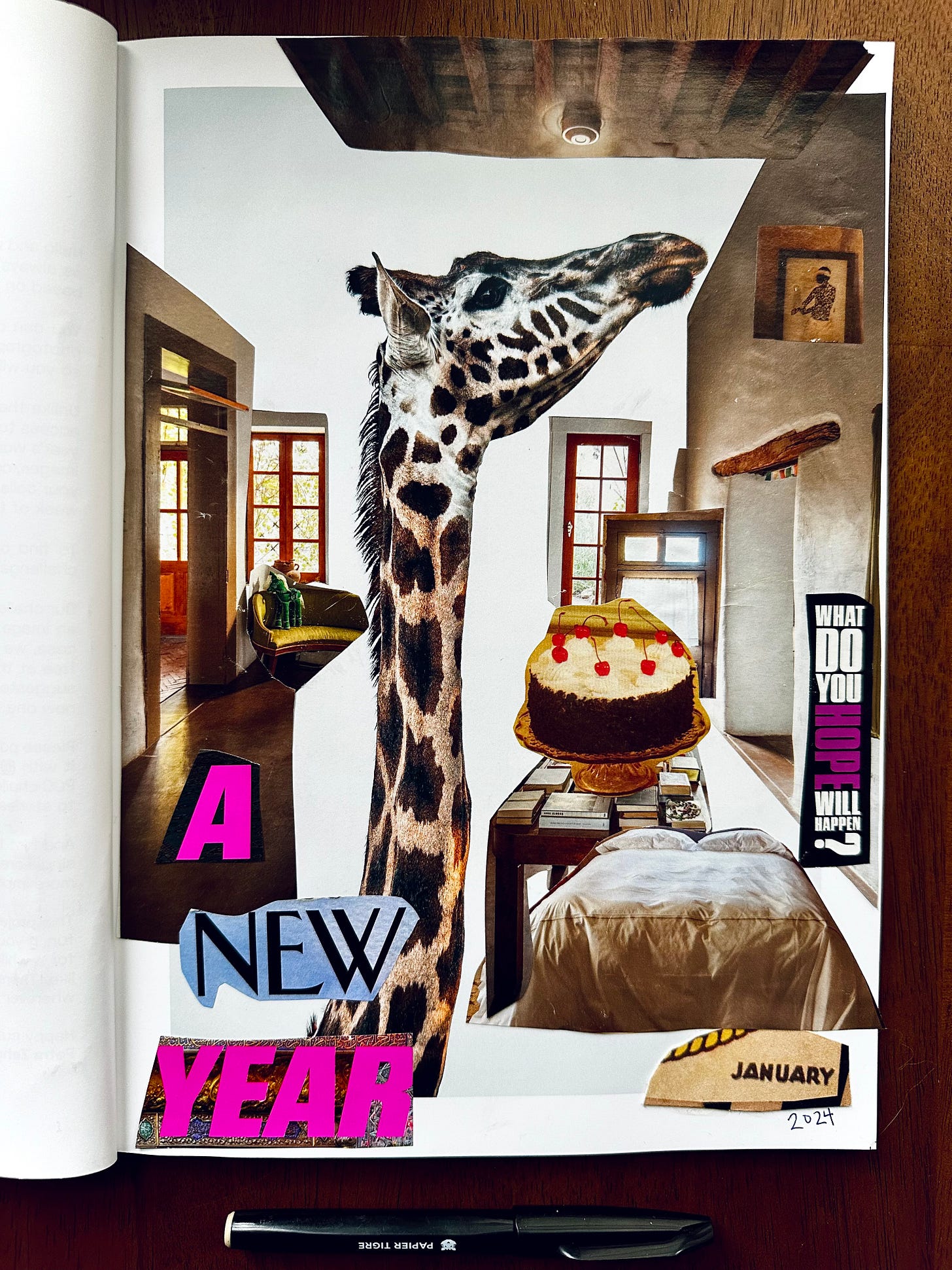 analog collage over image of giraffe neck and head showing room interior with words A NEW YEAR and WHAT DO YOU HOPE WILL HAPPEN?