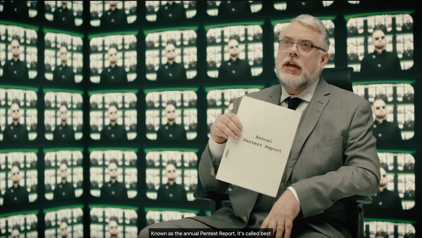 Scene from Infinite product video where the Architect introduces a “primitive artifact”, the Annual Pentest Report, to Neo.