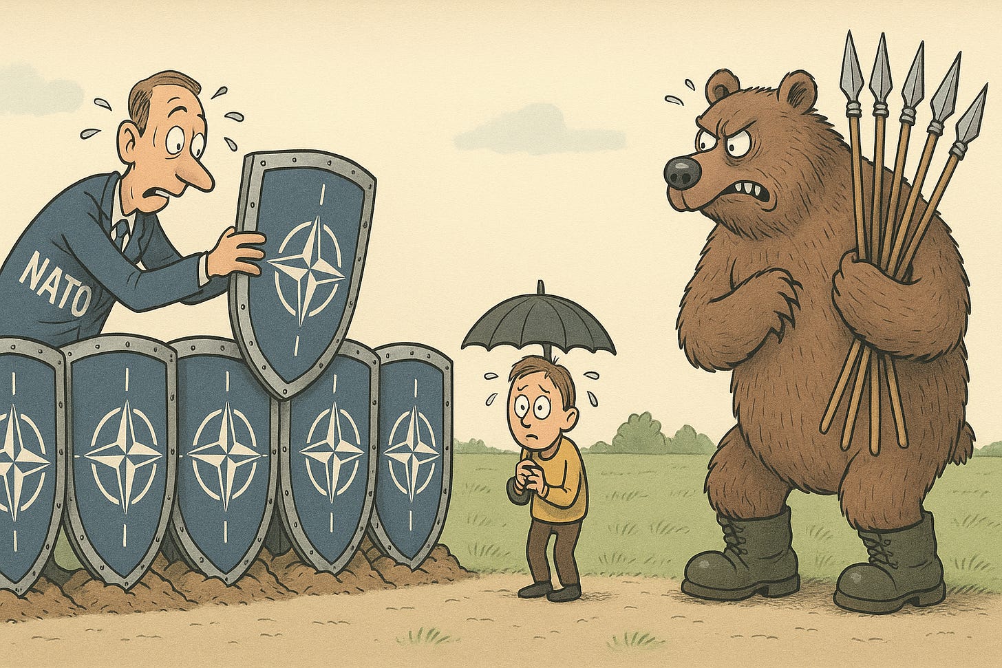 Political cartoon generated by DALL·E showing NATO as a nervous man stacking oversized shields, Russia as an angry bear in military boots clutching spears, and Ukraine as a small figure with a fragile umbrella caught between them.