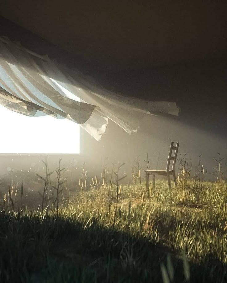 This may contain: an empty chair sitting in the middle of a grassy field under a large white screen