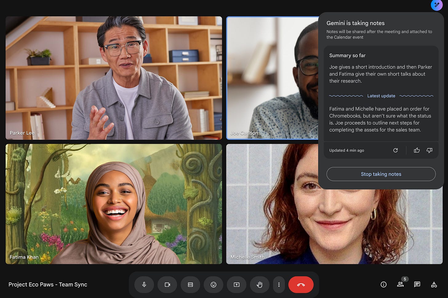 Four separate images of people talking over a video call.