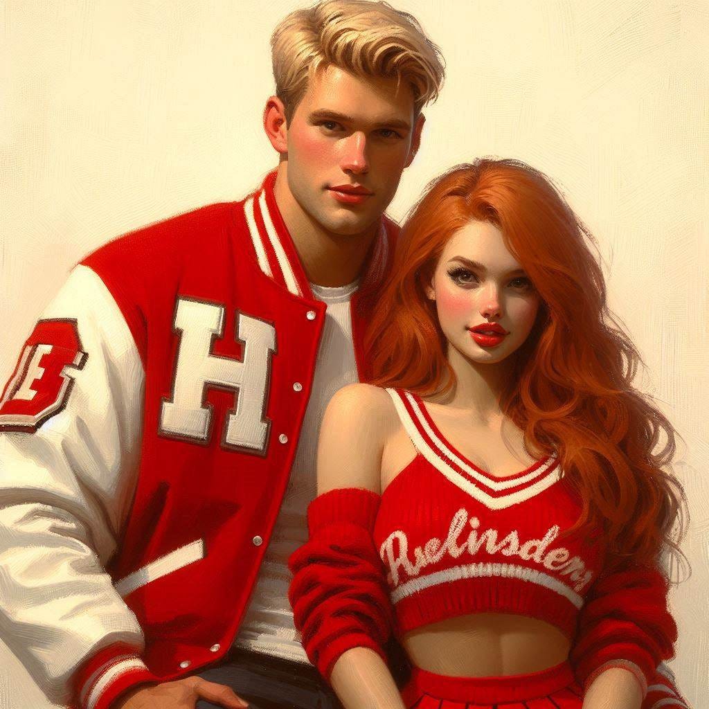 A big, handsome blond young man wearing a red high school letter jacket with white sleeves has his arm around a pretty redhead cheerleader wearing a red cheerleader sweater and skirt. Sight impressionist style. A big, handsome blond young man wearing a red high school letter jacket with white sleeves has his arm around a pretty redhead cheerleader wearing a red cheerleader sweater and skirt. Sight impressionist style.