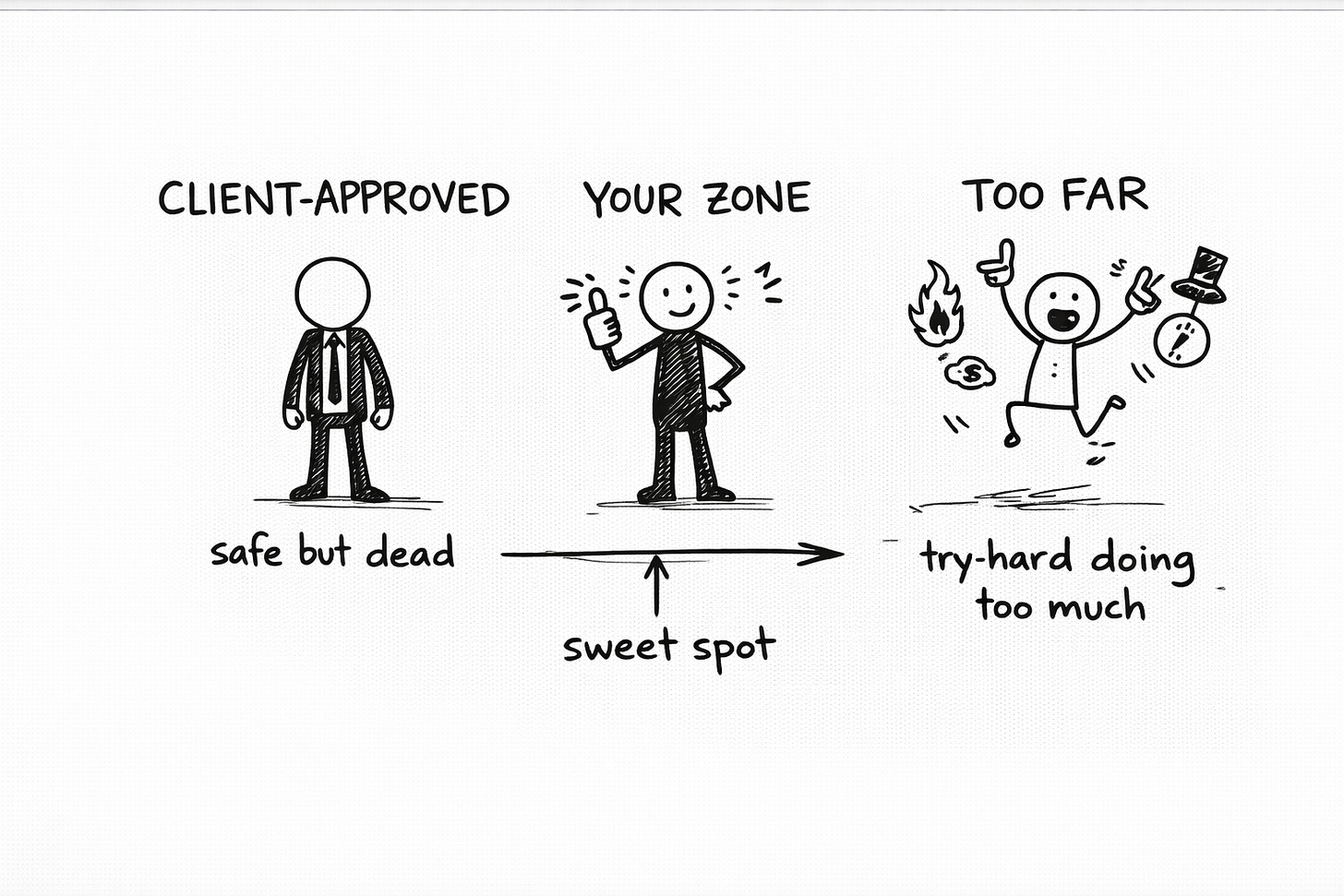 Hand-drawn whiteboard illustration showing three zones on a spectrum: “Client-Approved” with a stiff stick figure labeled “safe but dead,” “Your Zone” with a confident stick figure in the middle labeled “sweet spot,” and “Too Far” with an over-the-top stick figure labeled “try-hard doing too much,” illustrating how authentic content lives between professionalism and forced chaos.