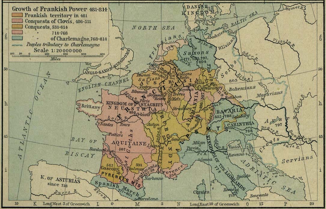 Frankish Empire in 814 as inherited by Hludowic I taken from https://legacy.lib.utexas.edu/maps/historical/shepherd/frankish_power_481_814.jpg