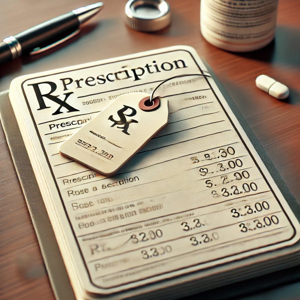 A realistic depiction of a prescription pad with a handwritten prescription on it, placed on a desk. Attached to the prescription pad is a visible price tag, suggesting a monetary value associated with the prescription. The scene is set in a medical office environment, with a pen and other typical doctor's office items in the background. A realistic depiction of a prescription pad with a handwritten prescription on it, placed on a desk. Attached to the prescription pad is a visible price tag, suggesting a monetary value associated with the prescription. The scene is set in a medical office environment, with a pen and other typical doctor's office items in the background.