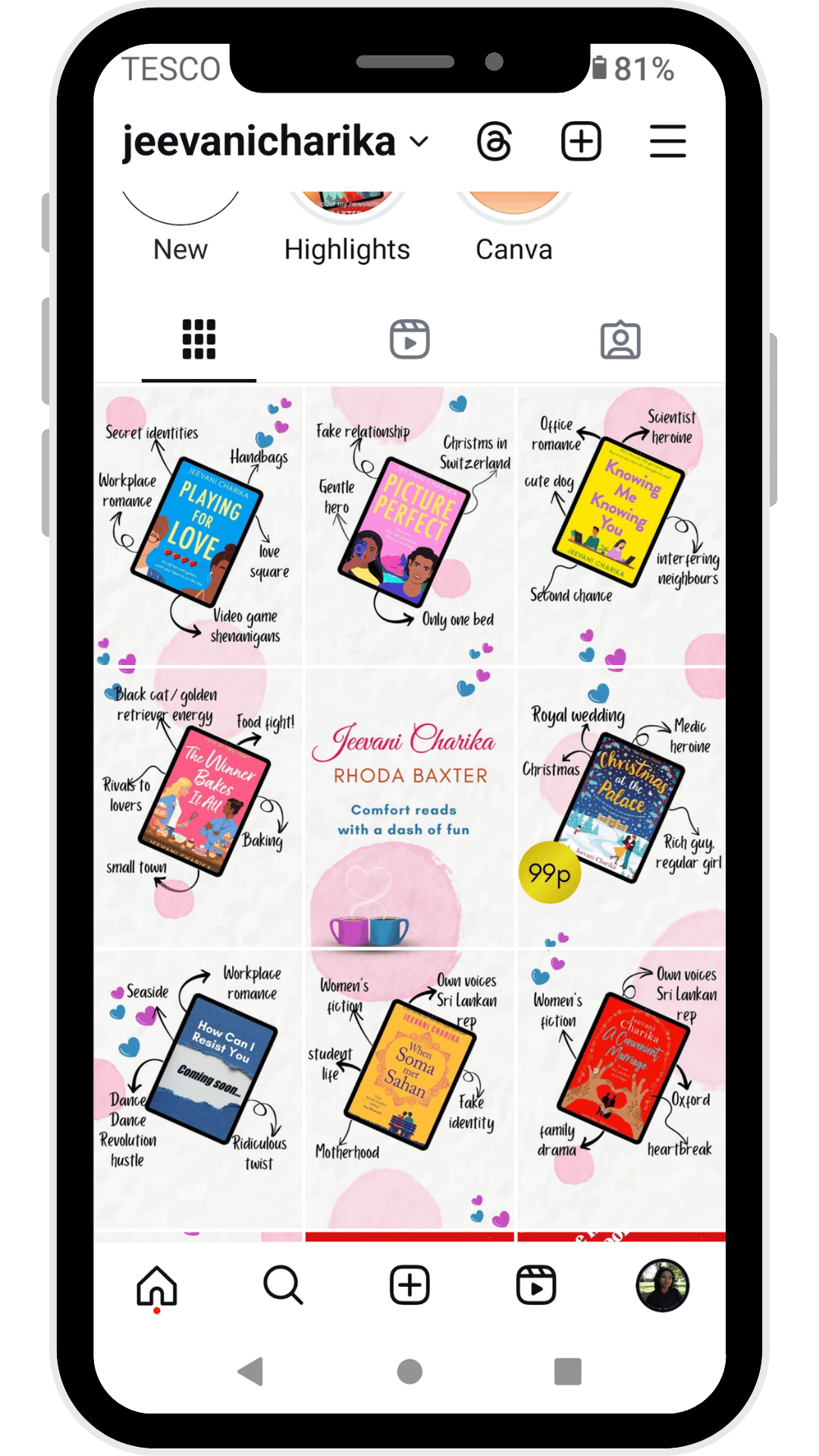 Photo of my Instagram profile showing the profile grid where the backgrounds of the posts line up to make a seamless image.