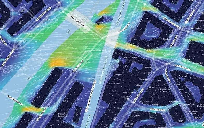 Zurich urban wind map by Meteoblue with temperature and winds at 11:00 on Friday 30-August 2024.